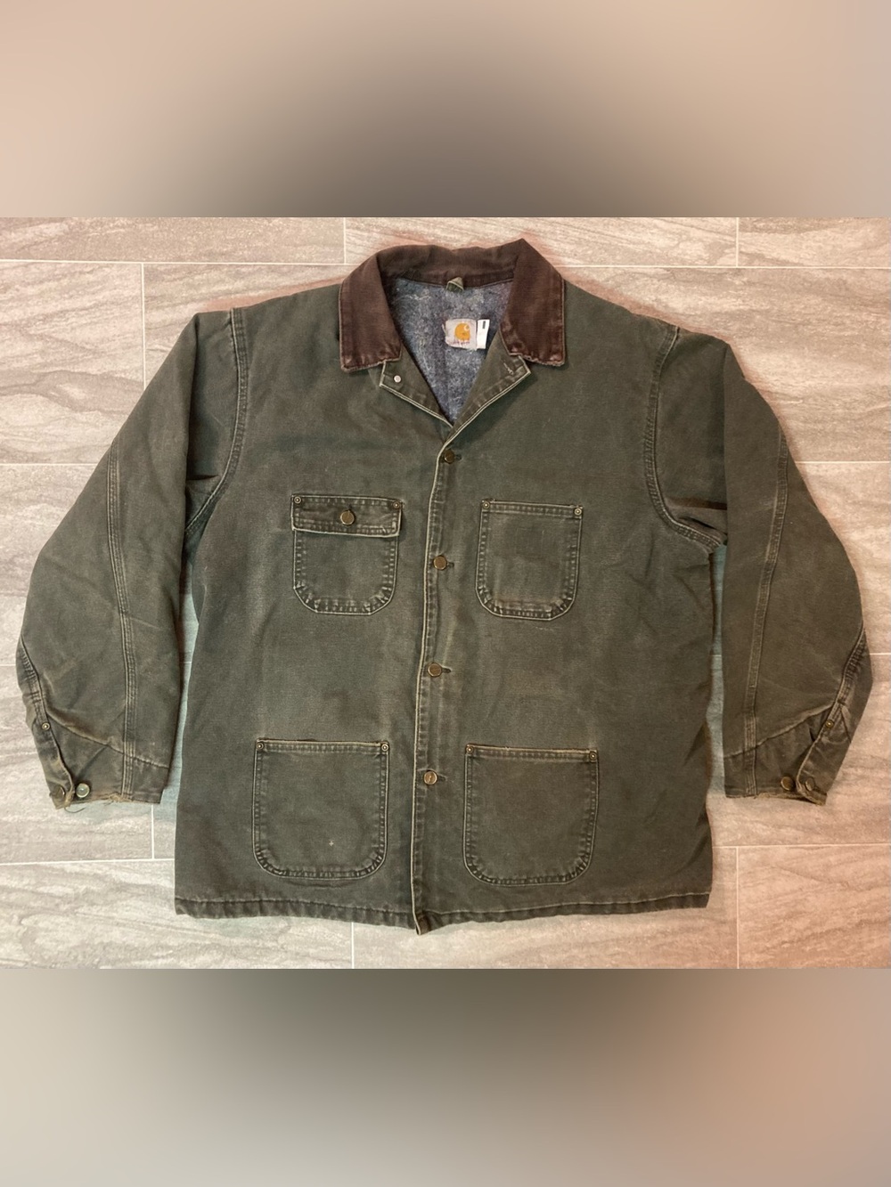 VTG 1990s Carhartt Olive Moss Green Canvas Chore Coat Jacket Corduroy Collar